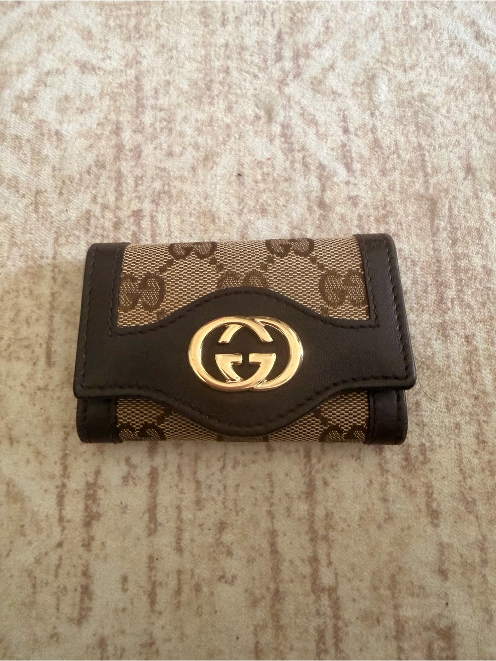 Gucci Brown GG Canvas Leather Key Case with Gold Logo